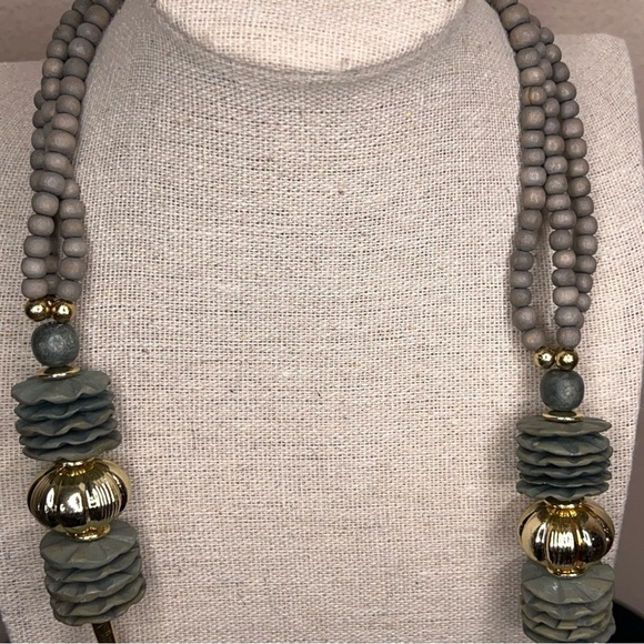 Vintage Beaded Necklace Gold Olive Grey Tribal Textured Boho Bohemian Chunky - Picture 10 of 10